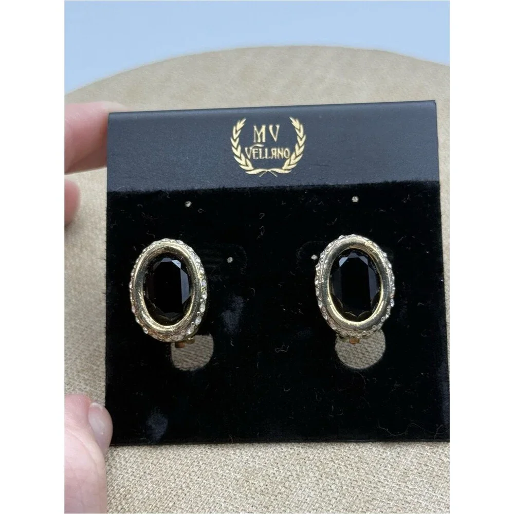 vintage MV Vellano black onyx and rhinestone clip-on earrings